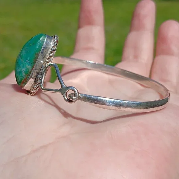 Vintage Sterling Silver & Chrysocolla Stone Hook Clasp Reygo 925 Mexico Bangle - Picture 6 of 13